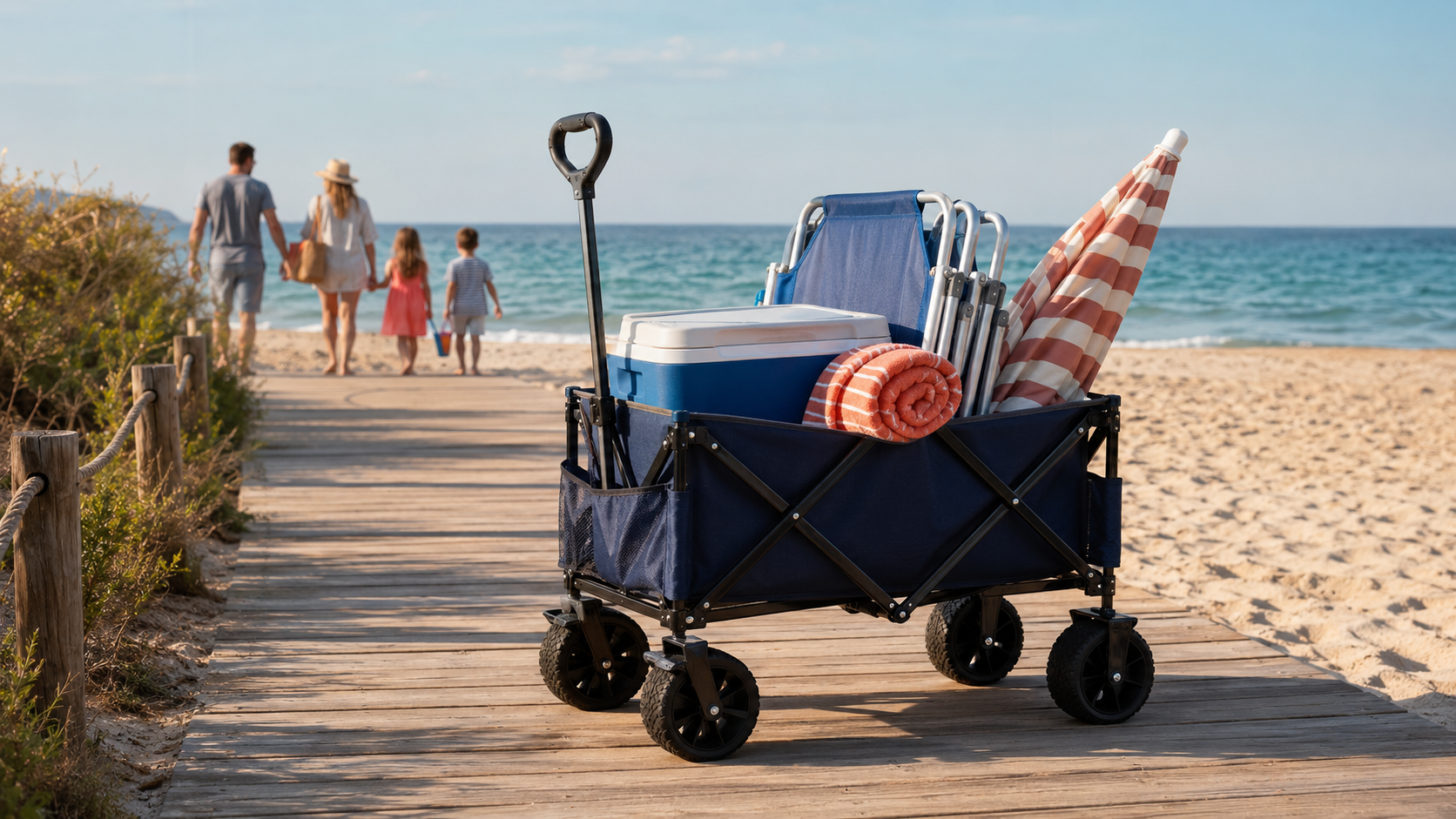 Carro plegable con ruedas anchas para transportar material de playa.